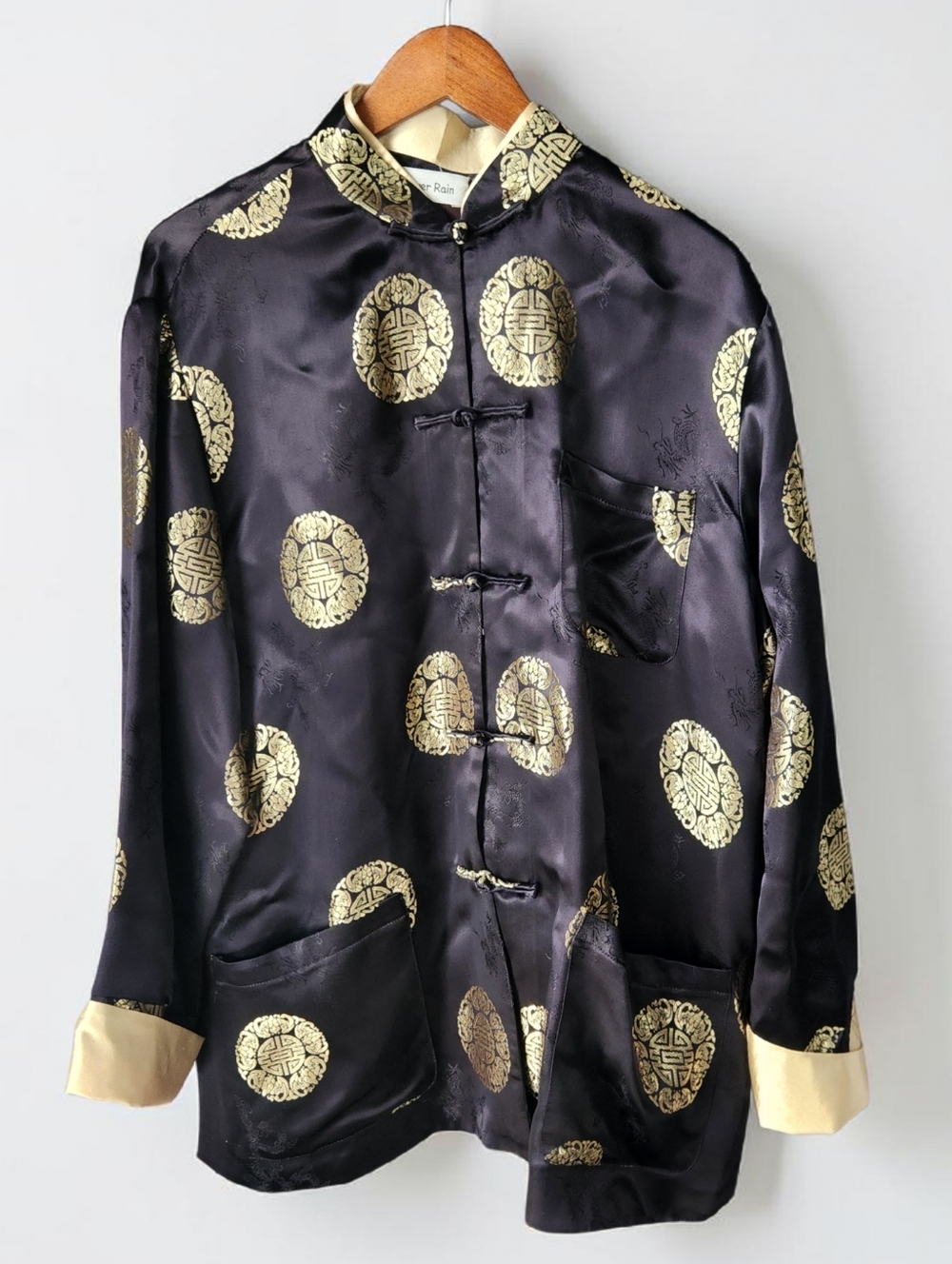 Flower Rain Satin Tang Suit Asian Jacket Womens 2XL Mens XL Black Gold Unisex